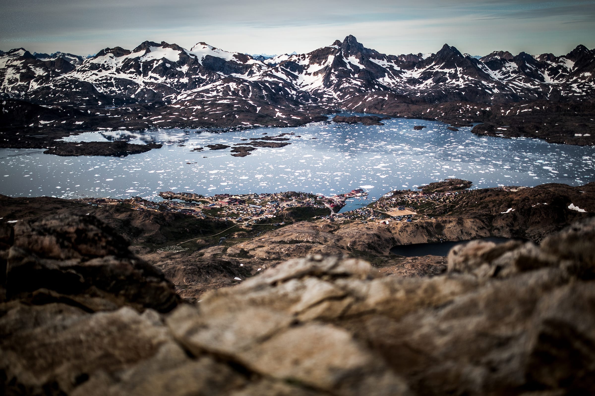 A view from Soemandsfjeldet over Tasiilaq and Kong Oskars havn in East Greenland
