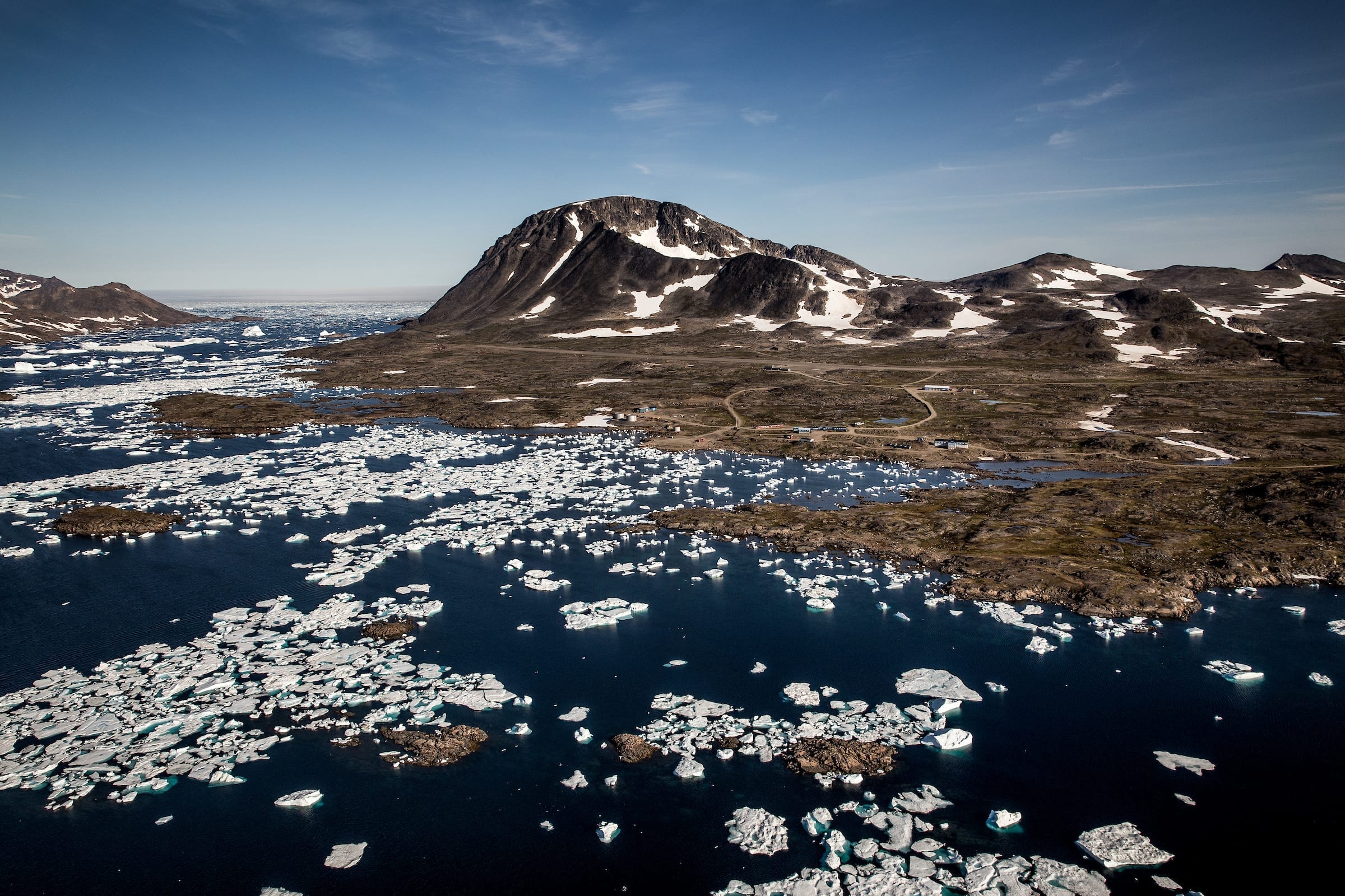 An aerial view of Kulusuk Airport seen from an Air Zafari flight in East Greenland