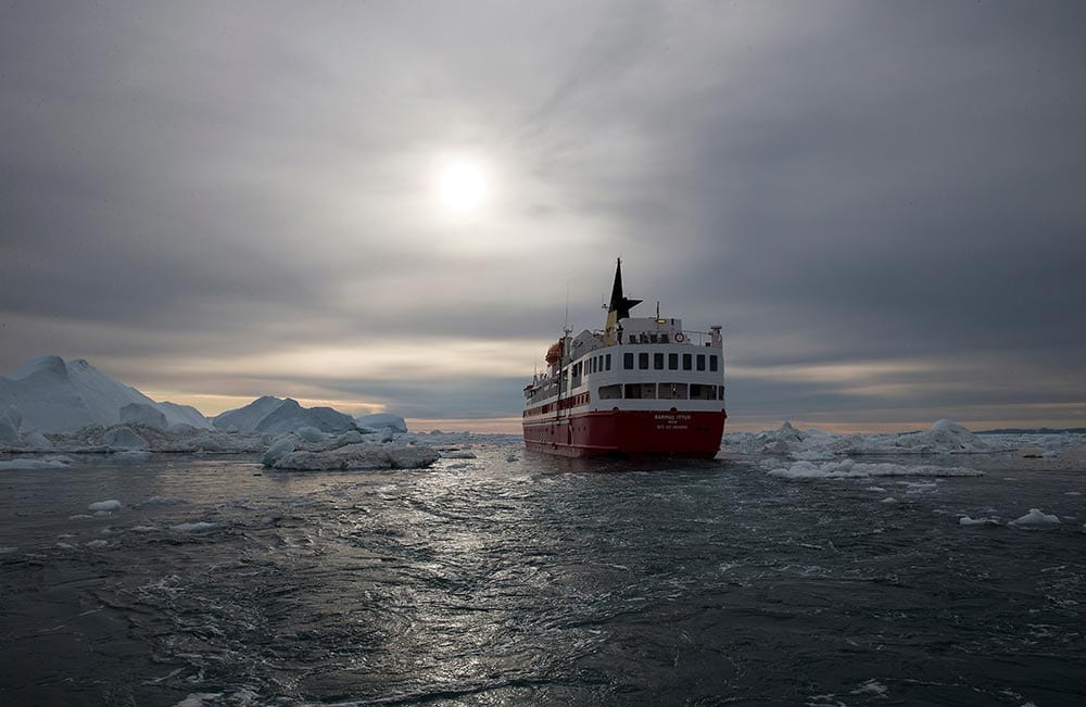The Greenland S Coastal Ferry Sarfaq Ittuk Sailing Among Icebergs In Disco Bay